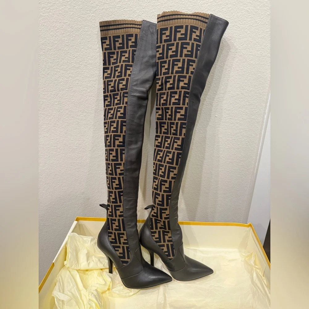 Fendi Rockoko Over the Knee Boots w FF Pattern leather sole ebano tabacco nero